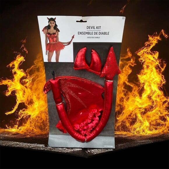 New 4 Piece Red Devil Costume Kit Horns, Wings & Tail Halloween Party Dress Up - Picture 1 of 4